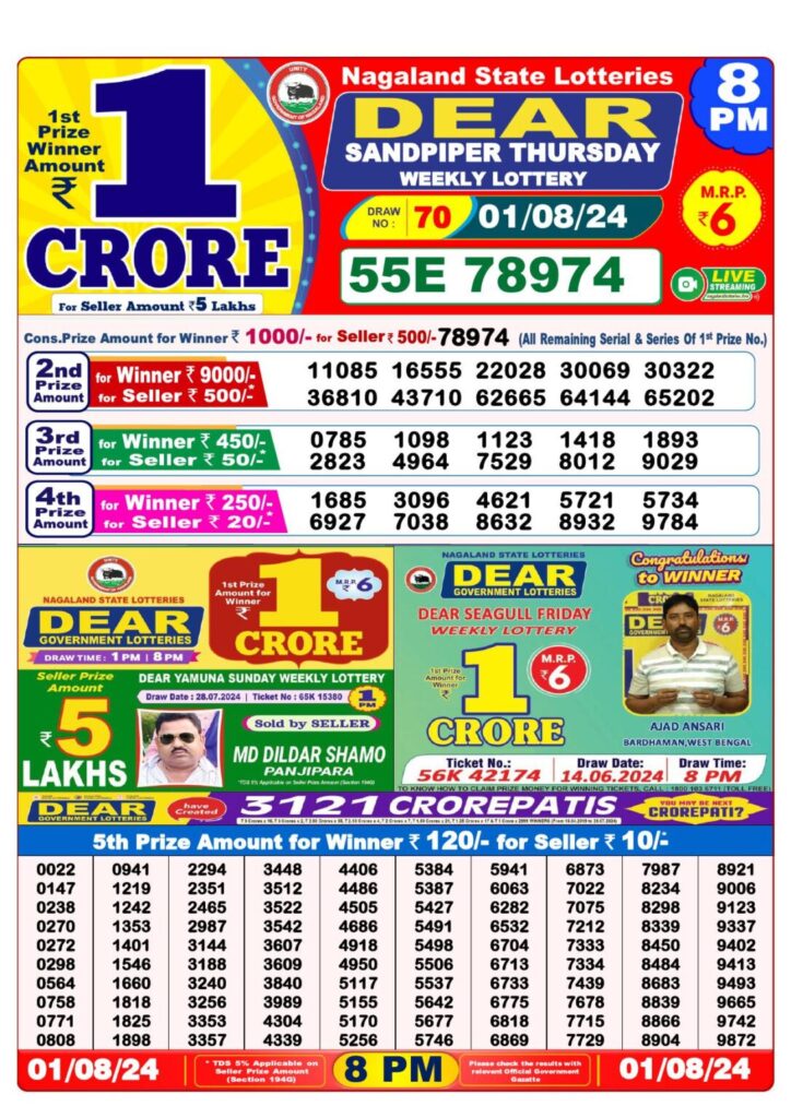 dear lottery result today at 1PM , 6PM and 8 PM